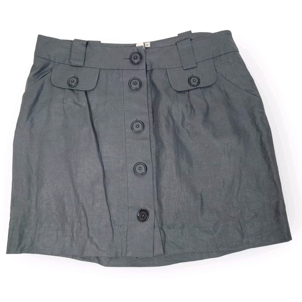 SINE Anthropology Gray Linen Button Down A-Line Mini Skirt Pockets Womens Size 6